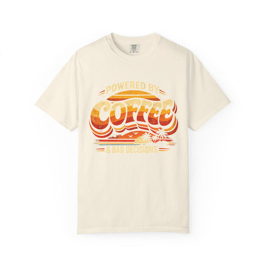 Coffee Powered T-Shirt — Retro Sunrise "Powered by Coffee" Graphic Tee Printify