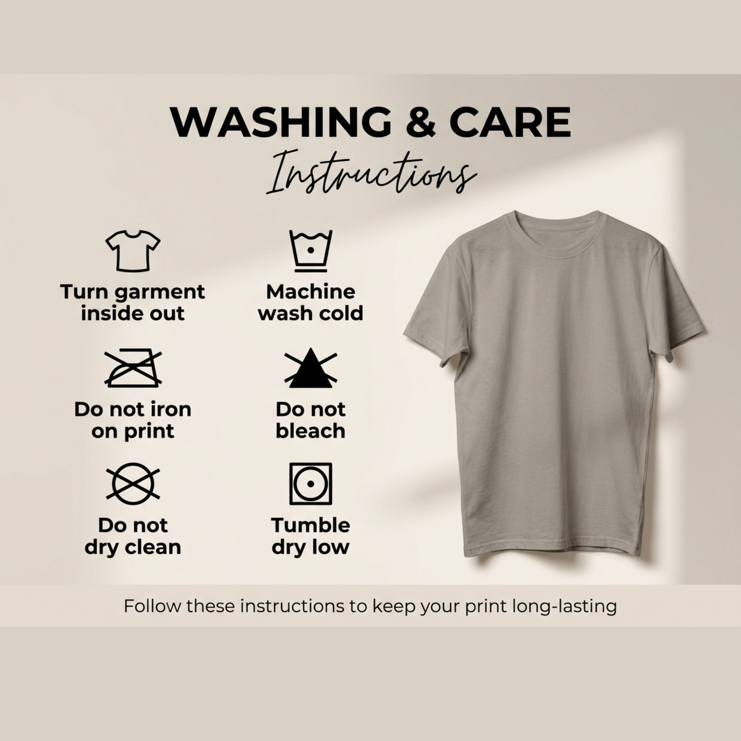 Gray t-shirt with washing and care instructions on a beige background
