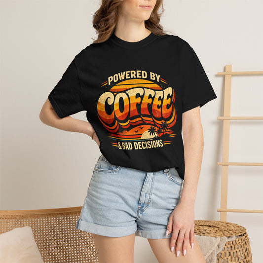 Coffee Powered T-Shirt — Retro Sunrise "Powered by Coffee" Graphic Tee Printify